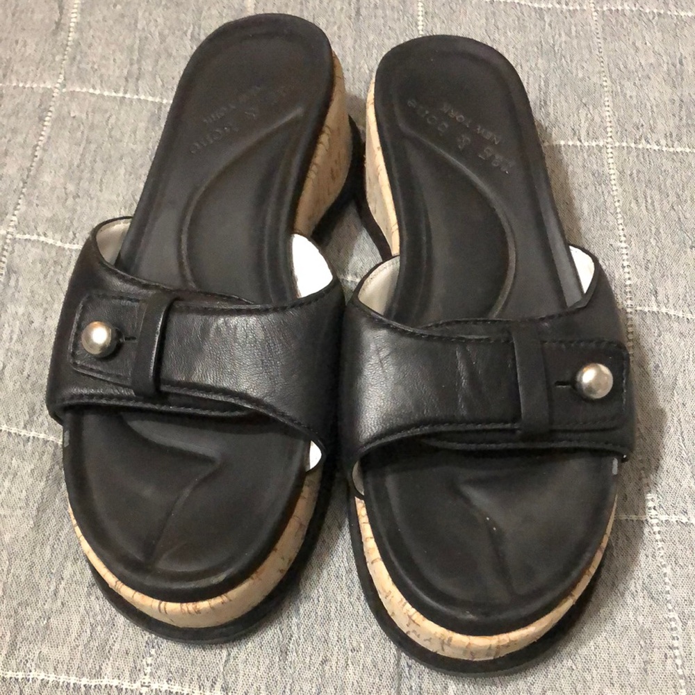 rag & bone Black Leather Slide Sandals with Cork Wedge